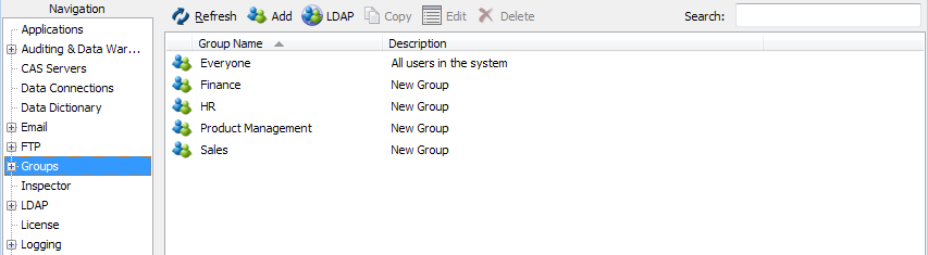 The Groups screen showing the Everyone group and four custom groups, Finance, HR, Product Management, and Sales.